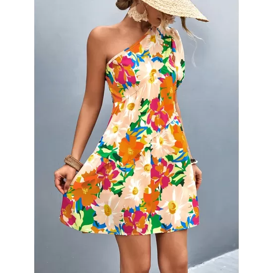 Flower Print Split-Joint A-Line Bishop Sleeve One-Shoulder Mini Dresses Flower Print Split-Joint A-Line Bishop Sleeve One-Shoulder Mini Dresses