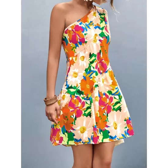 Flower Print Split-Joint A-Line Bishop Sleeve One-Shoulder Mini Dresses Flower Print Split-Joint A-Line Bishop Sleeve One-Shoulder Mini Dresses