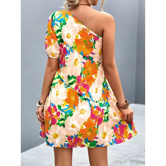 Flower Print Split-Joint A-Line Bishop Sleeve One-Shoulder Mini Dresses Flower Print Split-Joint A-Line Bishop Sleeve One-Shoulder Mini Dresses
