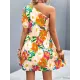 Flower Print Split-Joint A-Line Bishop Sleeve One-Shoulder Mini Dresses Flower Print Split-Joint A-Line Bishop Sleeve One-Shoulder Mini Dresses