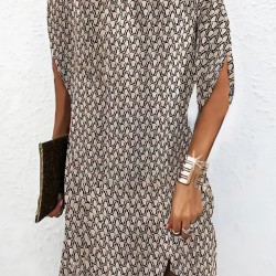 Printed Batwing Sleeves Loose Round-Neck Mini Dresses