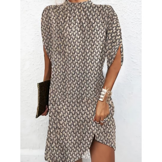 Printed Batwing Sleeves Loose Round-Neck Mini Dresses Printed Batwing Sleeves Loose Round-Neck Mini Dresses