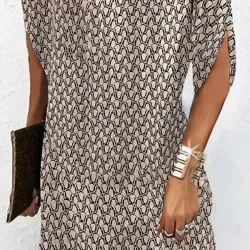 Printed Batwing Sleeves Loose Round-Neck Mini Dresses
