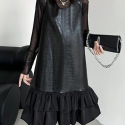 Pleated Split-Joint A-Line Loose U-Neck Mini Dresses