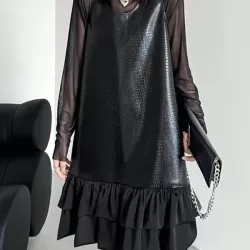Pleated Split-Joint A-Line Loose U-Neck Mini Dresses