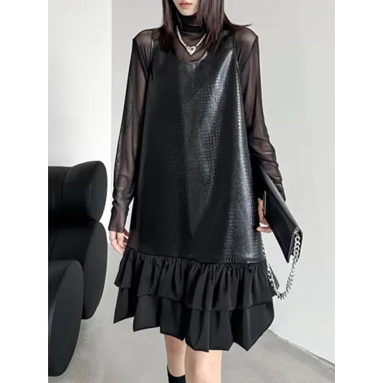 Pleated Split-Joint A-Line Loose U-Neck Mini Dresses Pleated Split-Joint A-Line Loose U-Neck Mini Dresses