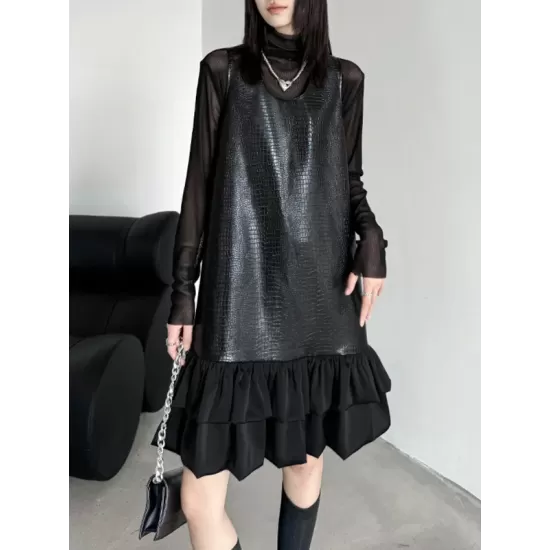Pleated Split-Joint A-Line Loose U-Neck Mini Dresses Pleated Split-Joint A-Line Loose U-Neck Mini Dresses