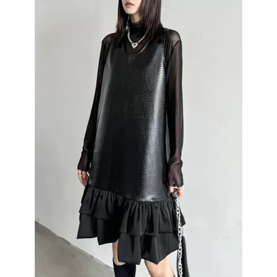 Pleated Split-Joint A-Line Loose U-Neck Mini Dresses Pleated Split-Joint A-Line Loose U-Neck Mini Dresses