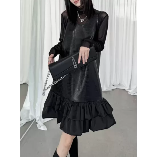 Pleated Split-Joint A-Line Loose U-Neck Mini Dresses Pleated Split-Joint A-Line Loose U-Neck Mini Dresses