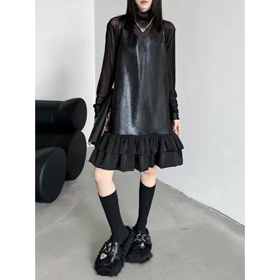 Pleated Split-Joint A-Line Loose U-Neck Mini Dresses Pleated Split-Joint A-Line Loose U-Neck Mini Dresses