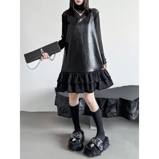 Pleated Split-Joint A-Line Loose U-Neck Mini Dresses Pleated Split-Joint A-Line Loose U-Neck Mini Dresses