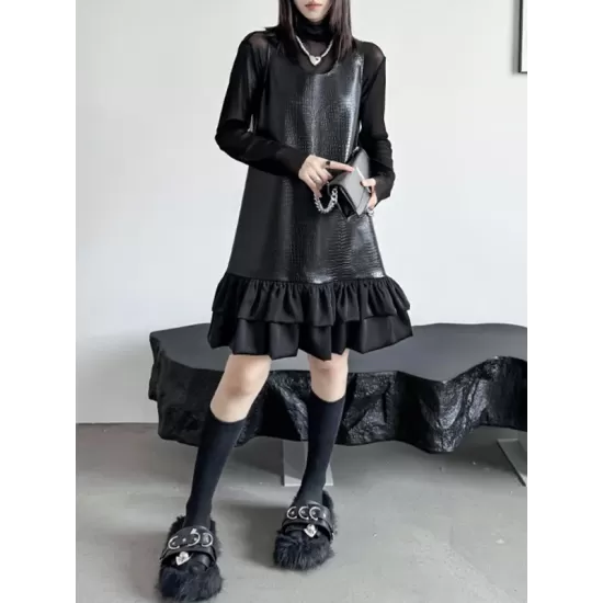 Pleated Split-Joint A-Line Loose U-Neck Mini Dresses Pleated Split-Joint A-Line Loose U-Neck Mini Dresses