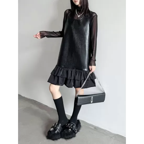 Pleated Split-Joint A-Line Loose U-Neck Mini Dresses Pleated Split-Joint A-Line Loose U-Neck Mini Dresses