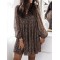 Buttoned Leopard Pleated Long Sleeves Loose V-Neck Mini Dresses