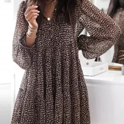 Buttoned Leopard Pleated Long Sleeves Loose V-Neck Mini Dresses