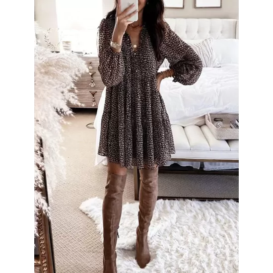 Buttoned Leopard Pleated Long Sleeves Loose V-Neck Mini Dresses Buttoned Leopard Pleated Long Sleeves Loose V-Neck Mini Dresses