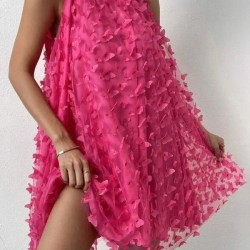 Jacquard Pleated Solid Color Split-Joint Loose Sleeveless Stand Collar Mini Dresses