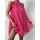Jacquard Pleated Solid Color Split-Joint Loose Sleeveless Stand Collar Mini Dresses Jacquard Pleated Solid Color Split-Joint Loose Sleeveless Stand Collar Mini Dresses