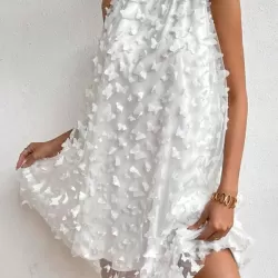 Jacquard Pleated Solid Color Split-Joint Loose Sleeveless Stand Collar Mini Dresses