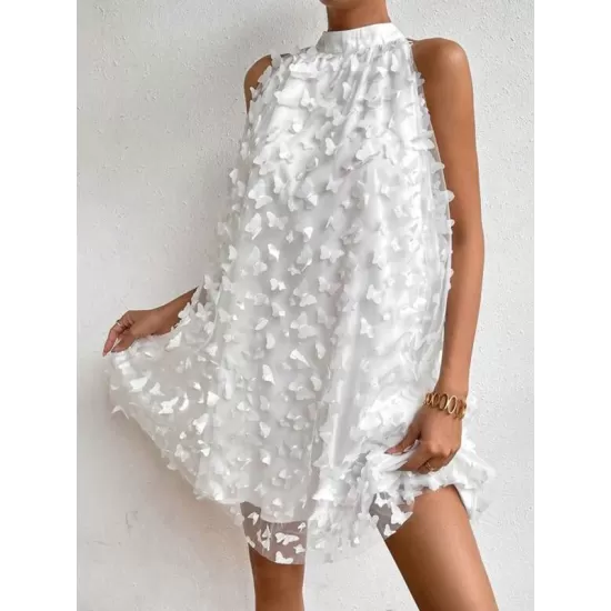 Jacquard Pleated Solid Color Split-Joint Loose Sleeveless Stand Collar Mini Dresses Jacquard Pleated Solid Color Split-Joint Loose Sleeveless Stand Collar Mini Dresses