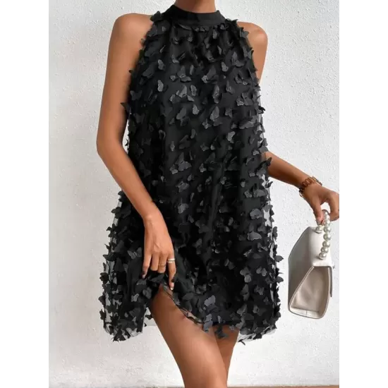 Jacquard Pleated Solid Color Split-Joint Loose Sleeveless Stand Collar Mini Dresses Jacquard Pleated Solid Color Split-Joint Loose Sleeveless Stand Collar Mini Dresses