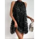 Jacquard Pleated Solid Color Split-Joint Loose Sleeveless Stand Collar Mini Dresses Jacquard Pleated Solid Color Split-Joint Loose Sleeveless Stand Collar Mini Dresses