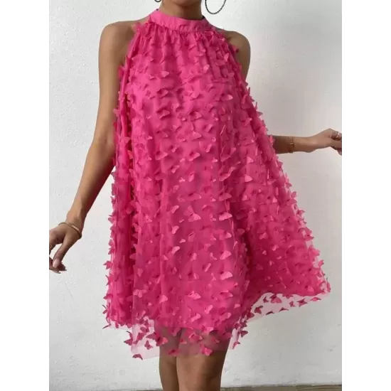Jacquard Pleated Solid Color Split-Joint Loose Sleeveless Stand Collar Mini Dresses Jacquard Pleated Solid Color Split-Joint Loose Sleeveless Stand Collar Mini Dresses