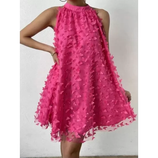 Jacquard Pleated Solid Color Split-Joint Loose Sleeveless Stand Collar Mini Dresses Jacquard Pleated Solid Color Split-Joint Loose Sleeveless Stand Collar Mini Dresses