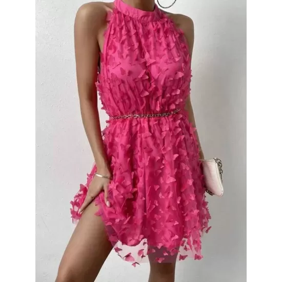 Jacquard Pleated Solid Color Split-Joint Loose Sleeveless Stand Collar Mini Dresses Jacquard Pleated Solid Color Split-Joint Loose Sleeveless Stand Collar Mini Dresses