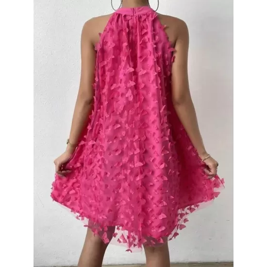 Jacquard Pleated Solid Color Split-Joint Loose Sleeveless Stand Collar Mini Dresses Jacquard Pleated Solid Color Split-Joint Loose Sleeveless Stand Collar Mini Dresses