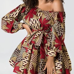 Elasticity Flower Print Tied Waist High Waisted Loose One-Shoulder Mini Dresses