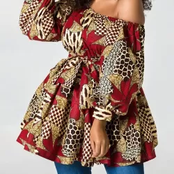 Elasticity Flower Print Tied Waist High Waisted Loose One-Shoulder Mini Dresses