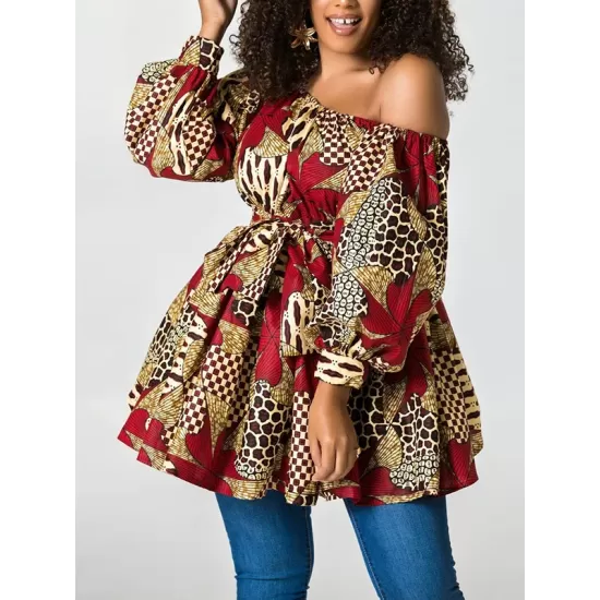 Elasticity Flower Print Tied Waist High Waisted Loose One-Shoulder Mini Dresses Elasticity Flower Print Tied Waist High Waisted Loose One-Shoulder Mini Dresses