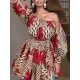 Elasticity Flower Print Tied Waist High Waisted Loose One-Shoulder Mini Dresses Elasticity Flower Print Tied Waist High Waisted Loose One-Shoulder Mini Dresses