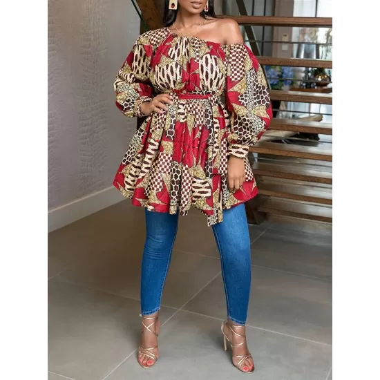 Elasticity Flower Print Tied Waist High Waisted Loose One-Shoulder Mini Dresses Elasticity Flower Print Tied Waist High Waisted Loose One-Shoulder Mini Dresses