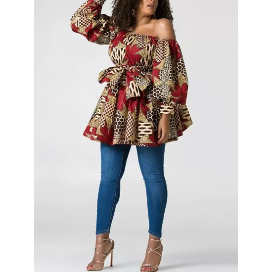 Elasticity Flower Print Tied Waist High Waisted Loose One-Shoulder Mini Dresses Elasticity Flower Print Tied Waist High Waisted Loose One-Shoulder Mini Dresses