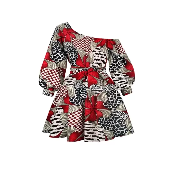 Elasticity Flower Print Tied Waist High Waisted Loose One-Shoulder Mini Dresses Elasticity Flower Print Tied Waist High Waisted Loose One-Shoulder Mini Dresses