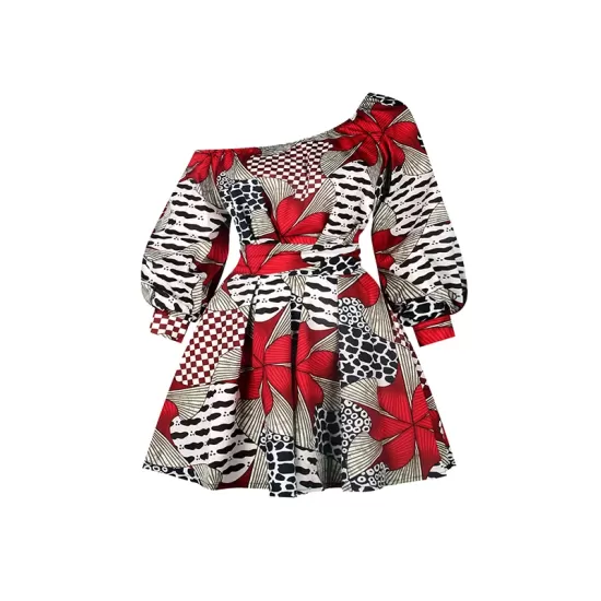Elasticity Flower Print Tied Waist High Waisted Loose One-Shoulder Mini Dresses Elasticity Flower Print Tied Waist High Waisted Loose One-Shoulder Mini Dresses
