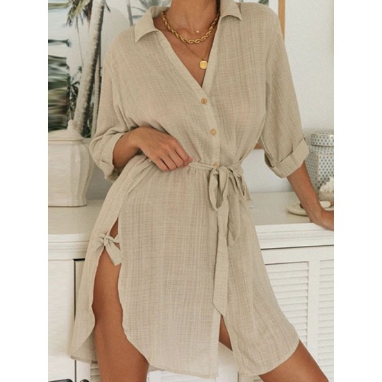 Buttoned Solid Color Split-Side Tied Waist High Waisted Long Sleeves V-Neck Mini Dresses Buttoned Solid Color Split-Side Tied Waist High Waisted Long Sleeves V-Neck Mini Dresses