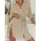 Buttoned Solid Color Split-Side Tied Waist High Waisted Long Sleeves V-Neck Mini Dresses