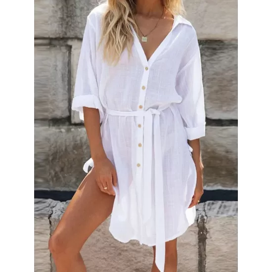 Buttoned Solid Color Split-Side Tied Waist High Waisted Long Sleeves V-Neck Mini Dresses Buttoned Solid Color Split-Side Tied Waist High Waisted Long Sleeves V-Neck Mini Dresses