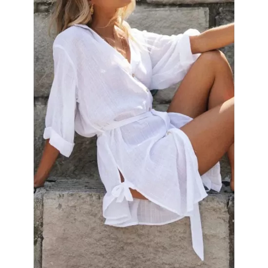 Buttoned Solid Color Split-Side Tied Waist High Waisted Long Sleeves V-Neck Mini Dresses Buttoned Solid Color Split-Side Tied Waist High Waisted Long Sleeves V-Neck Mini Dresses