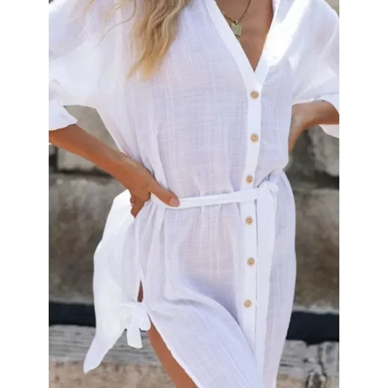 Buttoned Solid Color Split-Side Tied Waist High Waisted Long Sleeves V-Neck Mini Dresses Buttoned Solid Color Split-Side Tied Waist High Waisted Long Sleeves V-Neck Mini Dresses