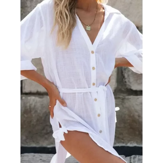 Buttoned Solid Color Split-Side Tied Waist High Waisted Long Sleeves V-Neck Mini Dresses Buttoned Solid Color Split-Side Tied Waist High Waisted Long Sleeves V-Neck Mini Dresses