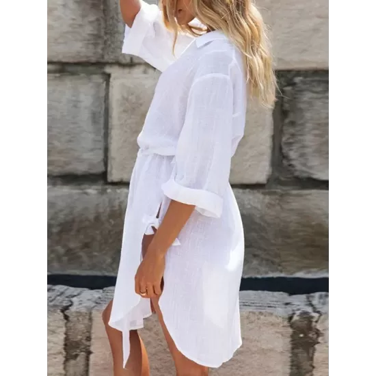 Buttoned Solid Color Split-Side Tied Waist High Waisted Long Sleeves V-Neck Mini Dresses Buttoned Solid Color Split-Side Tied Waist High Waisted Long Sleeves V-Neck Mini Dresses