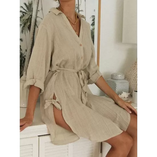 Buttoned Solid Color Split-Side Tied Waist High Waisted Long Sleeves V-Neck Mini Dresses Buttoned Solid Color Split-Side Tied Waist High Waisted Long Sleeves V-Neck Mini Dresses
