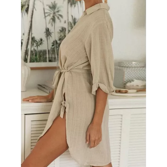 Buttoned Solid Color Split-Side Tied Waist High Waisted Long Sleeves V-Neck Mini Dresses Buttoned Solid Color Split-Side Tied Waist High Waisted Long Sleeves V-Neck Mini Dresses