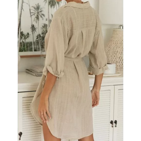 Buttoned Solid Color Split-Side Tied Waist High Waisted Long Sleeves V-Neck Mini Dresses Buttoned Solid Color Split-Side Tied Waist High Waisted Long Sleeves V-Neck Mini Dresses
