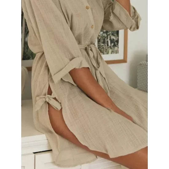 Buttoned Solid Color Split-Side Tied Waist High Waisted Long Sleeves V-Neck Mini Dresses Buttoned Solid Color Split-Side Tied Waist High Waisted Long Sleeves V-Neck Mini Dresses