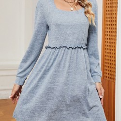 Pleated Solid Color A-Line Long Sleeves Square-Neck Mini Dresses